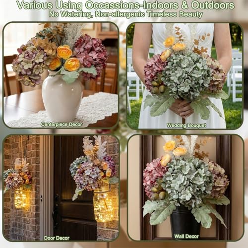 Hydrangea Artificial Flowers Bouquet, Pre-Arranged Fake Flowers Bouquet with Ranunculus, Eucalyptus, Pampas, Real Touch Silk Flowers for Centerpiece Shelf Table Wedding Home Decor