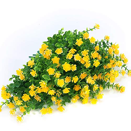 8 Bundles Outdoor Artificial Fake Flowers UV Resistant No Fade Boxwood Faux Plastic Plants for Garden Patio Porch Window Box Home Wedding Farmhouse Décor (Yellow) - color: Yellow