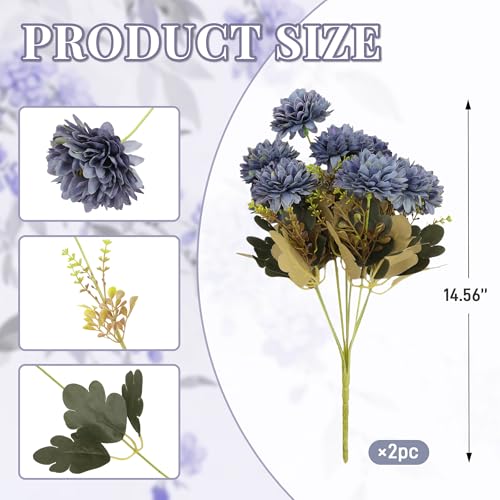 18 Heads Ink Blue Artificial Chrysanthemum Flowers Fake Mums Ink Blue Kiku Gothic Flowers Bouquet Silk Chrysanthemums for Indoor Outdoor Table Centerpiece Vase Pots Decoration, 2 Pcs - color: Dark Blue Chrysanthemum