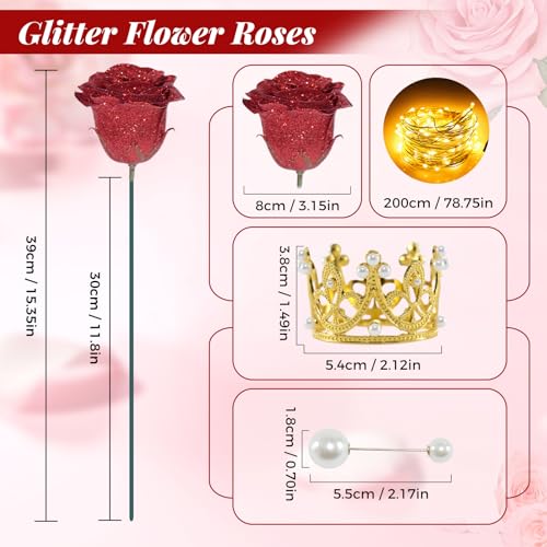 Red Glitter Roses Bouquet, 24 Pcs Shiny Glitter Flowers Bouquet, Everlasting DIY Artificial Roses Bouquet for Christmas, Birthday, Anniversary, Wedding, Engagement - color: Red-a, size: 24 PCS