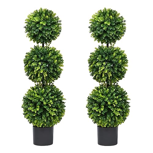 Lvydec 2 Pack Artificial Boxwood Topiary Tree, 3ft Topiary Ball Tree Potted Plants Decoration for Front Door Porch Home Living Room, Indoor/Outdoor Use