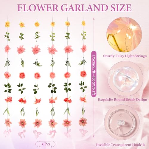 Livole 6Pcs 36Ft Hanging Flower Garland with Light Pink Wildflower Garlands Backdrop Silk Rose Fake Floral Vines with Hooks for Spring Party Wedding Birthday Anniversary Arch Wall Garden Decor - color: Pink With Light, size: 6Pcs