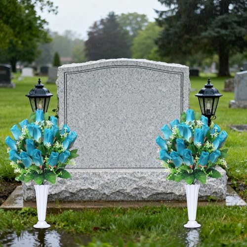 Cemetery Flowers for Grave,2Pack Memorial Roses Bouquets with Vase for Grave Tombstone Decorations(Deep Blue) - color: Deep Blue