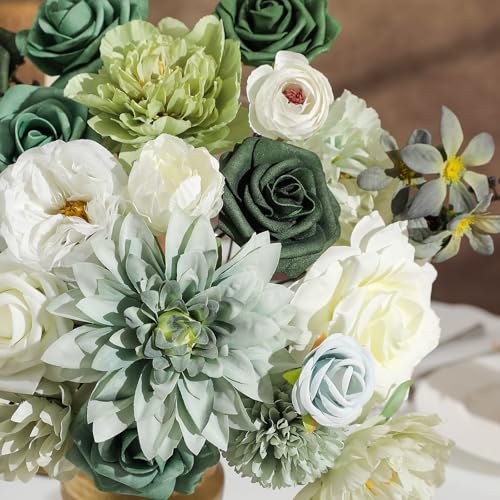 Garisey Artificial Flowers Combo, Mix Silk Flowers Roses, Peonies, Dahlias with Stems for DIY Wedding Bridal Bouquet, Baby Shower, Table Centerpieces, Home Decor, Fake Floral Arrangements-Forest Green - color: Forest Green