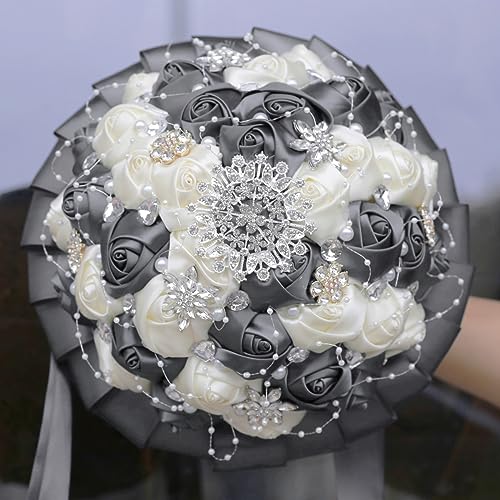 Handmade Wedding Bouquets for Bride Bridesmaid Brooch Artificial Holding Flower Tossing Bouquet(Ivory/Dark Grey,24cm,1PC) - color: Ivory/Dark Grey, size: 9.4 inches