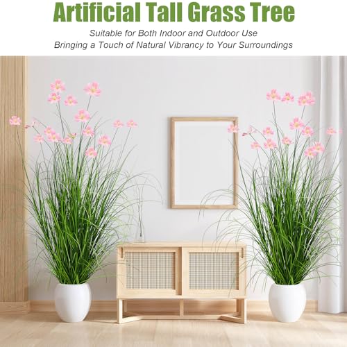 2 Pack 47in/4ft Artificial Grass with Fake Flowers Faux Plants Outdoor Indoor Tall Grass Greenery Decor for Garden Patio Home Office Pink - color: 2pack Green Flowers