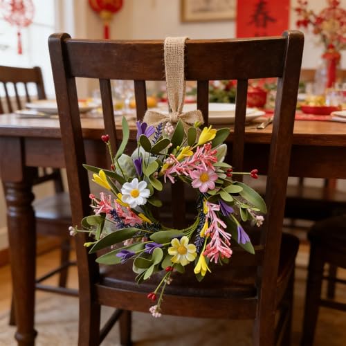 6 Pcs Small Spring Hanging Wreaths for Cabinets with Pink White Daisy Flower Mini Artificial Purple Wild Flower Summer Floral Candle Rings Wreath for Home Kitchen Front Door Window Porch Wall Wedding - color: Spring