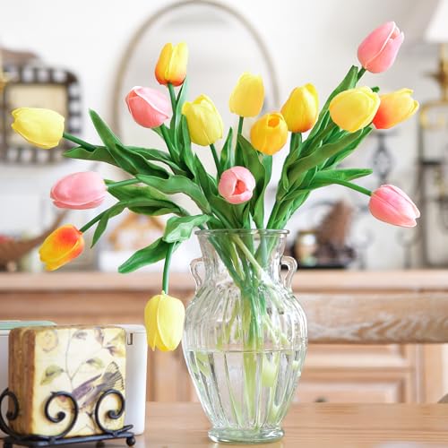 FiveSeasonStuff Orange, Yellow & Pink 15 Stems Real Touch Artificial Tulips, Soft PU Faux Flowers with Bendable Stems for Vase Centerpieces, Home & Wedding Decor - color: #10 Festive Bloom (Orange, Yellow & Pink)
