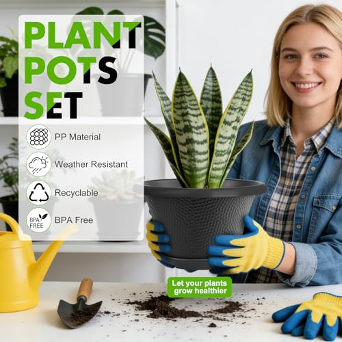 Quarut 12 Inch Pots for Plants,4 Pack Large Flower Pots with Drainage Hole & Saucer,Modern Planters for Indoor Outdoor Plants,Decorative Resin Garden Pots Black - color: Diamond Pattern-black, size: 12 inch-4 Pack