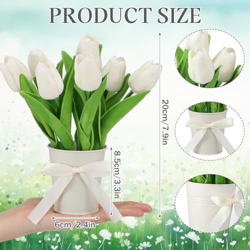 Suncalla 2 Pack Small Artificial Tulips Plant in Pots Faux Flower Potted Plants White Arrangement Rustic Home Decor 7.9" Tall for Farmhouse Table Centerpiece Windowsill Country Indoor Decor - color: White, style: Tulip