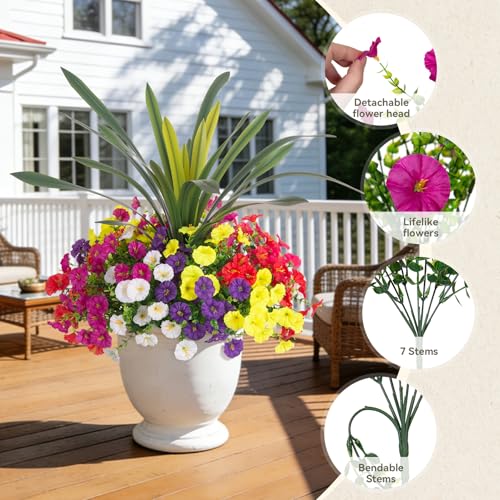 INXUGAO Artificial Flowers for Spring Outdoors Fake Plants Outside, 13 Bundles Silk Morning Glory with Eucalyptus UV Resistant Realistic Faux Flowers for Porch Planter Garden Patio Decor (Six Mixed) - color: Six Mixed(2 Purple, 2 Red, 2 Fuchsia, 2 Hot Pin