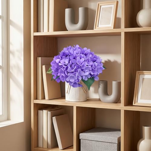 Flower Table Centerpieces - Set of 6 Floral Arrangement Artificial Wedding Hydrangeas Floral Arrangement with Rustic Metal Vase for Bridal Tea Party Event Decorations - Deep Purple - color: Deep Purple