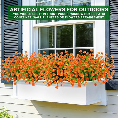TURNMEON 12 Bundles Artificial Flowers for Outdoors Summer Decorations, UV Resistant Fake Mums Realistic Fake Plants Faux Plastic Flowers for Outdoor Indoor Home Gardens Porch Fall Decor(Orange Red) - color: Orange Red, size: 12 Bundles
