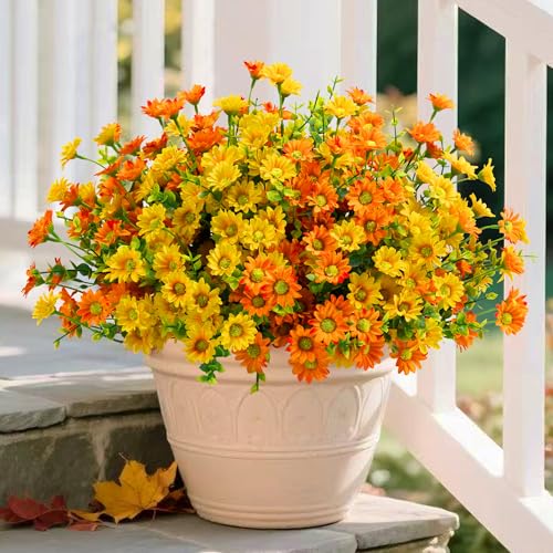 Artificial Mums Fall Fake Flowers for Outdoors, 10 Bundles Faux Mums Autumn Decorations,UV Resistant Silk Flowers for Outside Front Porch Garden Patio Home Planters Decor (Yellow & Orange) - color: Yellow & Orange