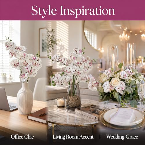 ATFL 6 Pack Ivory Orchid Artificial Flowers Real Touch, 23'' Artificial Fake Faux Silk Orchid Stem Bouquets for Wedding Party Home Garden Decor (6, Ivory White +Burgundy piebald) - color: Ivory White +Burgundy Piebald