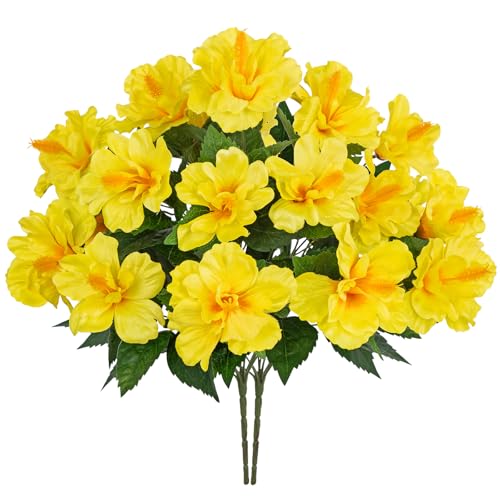 Briful 2 Bundles Artificial Hibiscus Flowers 16.9in, 9-Stem Short Faux Hibiscus Bouquet with Full Blooms, Silk Tropical Flowers for Vase, Table, Porch, Wedding, Indoor Outdoor Decor, Yellow - color: Yellow#943