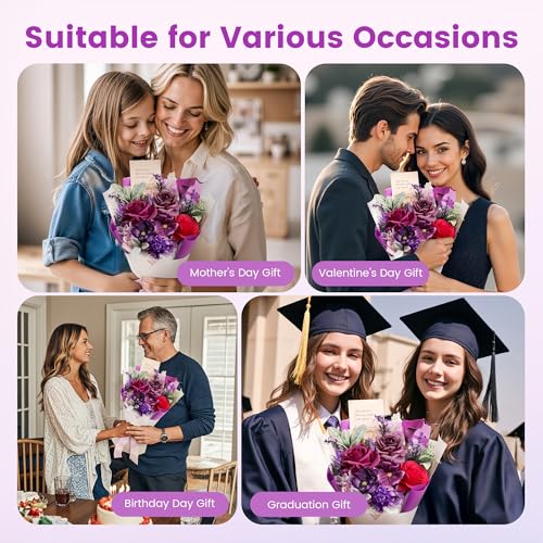 TINGE TIME Mothers Day Preserved Flowers Bouquet, Forever Flowers Gifts for Mom, Birthday Gifts for Women, Eternal Roses Bouquet for Grandma Wife Anniversary Graduation(Purple) - color: Purple