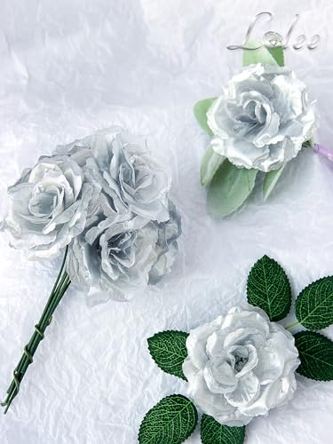 LELEE Artificial Rose Flowers Head with Stem - 108pcs Silver Artificial Flowers Rose Bulk - Silk Rose Fake Flower for Wedding Bouquet Party Home Decor DIY Baby Shower Centerpieces Tables Decoration - color: Silver
