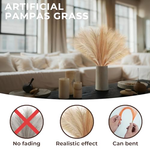 40pcs Artificial Pampas Grass 21.6" Faux Dried Flowers Pompas Grass Bouquet Flower Arrangement and Vase Filler for Gothic Room Decoration Wedding Party Boho Home Decor - color: Beige & Brown