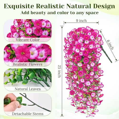 Dolicer 2 Packs Look Real Artificial Flowers for Outdoors, Fake Artificial Hanging Flowers for Outdoors Realistic UV Resistant Hanging Flowers Silk Petunia Faux Flowers for Porch Patio(Mixed Fuchsia) - color: Mixed Fuchsia, size: 2 packs