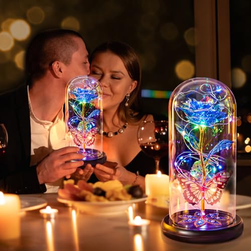 Pusuny Mothers Day Flowers Gifts for Mom Women Birthday Gift Galaxy Glass Rose Eternal Crystal Flowers Rose in Glass Dome with Butterfly Mother's Day Roses Gifts for Mom Daughter Wife Grandma Blue - color: C Blue