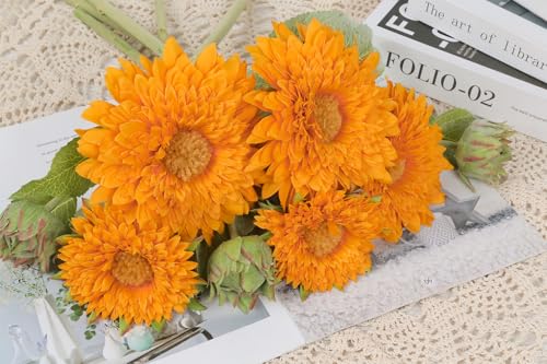 IPOPU Artificial Sunflower Bouquet with Long Stems Fake Sunflowers Silk Flowers with 5 Heads Faux Sunflower Bouquet for Wedding Party Home Office Decoration Dining Table Centerpiece (Orange1Bunches) - color: Orange Yellow