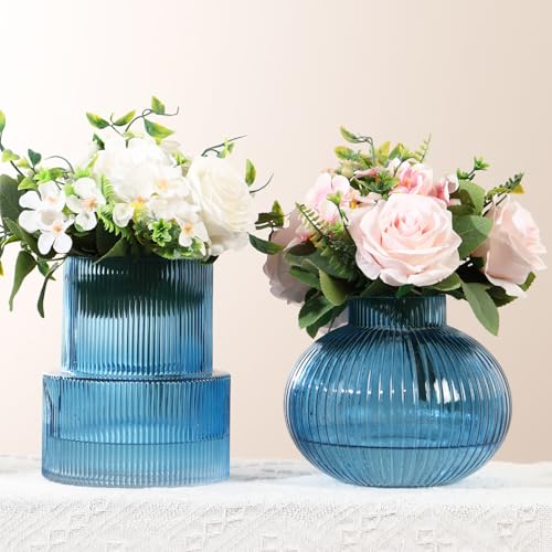 Ribbed Glass Vases, Set of 2 Fluted Vases for Flowers, Blue Glass Vase for Tulips, Modern Vase for Living Room, Kitchen, Office, Entryway, Mantle, Bookshelf, Wedding Gifts, Birthday - color: Blue, size: Ribbed + Round (2-Pack)