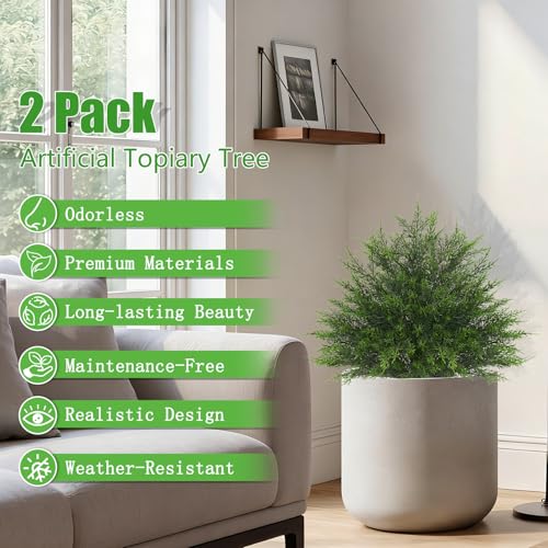 Yangrass 23" Artificial Cedar Topiary Ball Trees with Spike, Set of 2 UV Resistant Fake Evergreen Bushes Shrubs Trees, Realistic Faux Cypress Plants for Outdoor Indoor - color: Fine Cedar