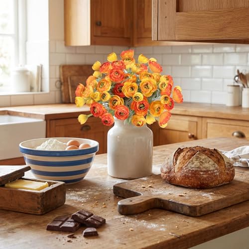 3 Bundles Mini Faux Silk Peony Bouquets,9.84" Artificial Ranunculus Flowers Fake Peony Flowers for Wedding, Home, Party Decoration(Orange) - color: Orange