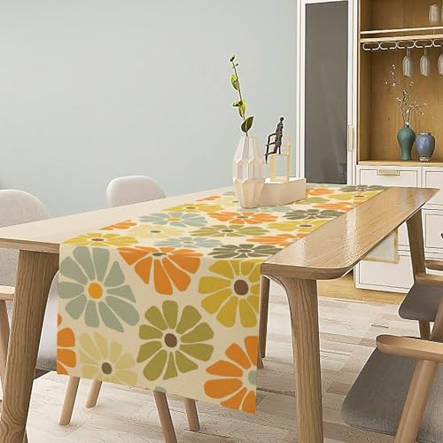 Retro Groovy Mid Century Table Runner Vintage Hippie Floral 1960s 1970s Boho Yellow Orange Dinner Runner for Country Farmhouse Kitchen Birthday Party Holiday 36X13inch - color: Bohoflower-6, size: L36"x W13"