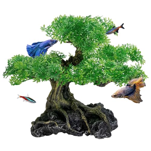 UNEAK - Aquarium Bonsai Tree Plant Fish Tank Decorations Medium/Large Resin Plastic Artificial Plants Flower Ornament Beta Goldfish Decoration Ornaments Freshwater & Saltwater Décor - color: Bonsai Tree Green