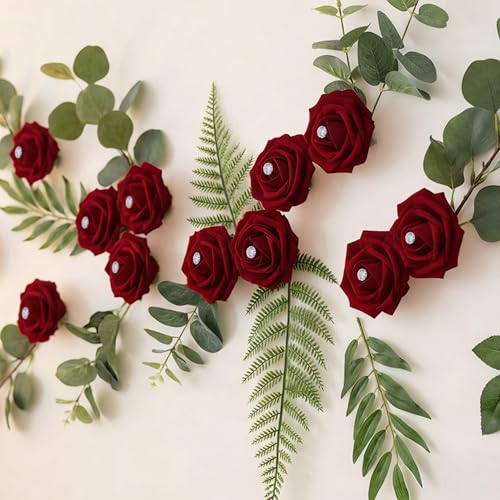 100Pcs Real Looking Burgundy with Diamonds Artificial Rose Flower Heads, Foam Fake Roses for DIY Wedding Decorations Baby Shower Centerpieces Home Party Valentine's Day Mother's Day Decor - color: 100pcs Burgundy With Diamonds