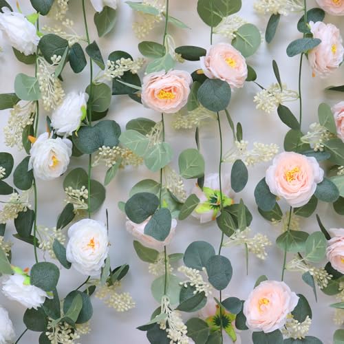 MAKHOT 2 Pcs Pink 6.6Ft Artificial Eucalyptus Flower Garland with Fake Rose Flower Vine Seeded Eucalyptus Leaves Greenery Garland for Wedding Table Backdrop Party Centerpiece Room Decor (Pink) - color: Pink-2pcs