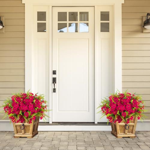 Artificial Flowers for Outdoors 12 Bundles Artificial Petunias Fake Flowers UV Resistant Shrubs Plants with Fern for Indoor Outside Hanging Planters Home Garden Summer Decorations(Rose Red) - color: Rose Red