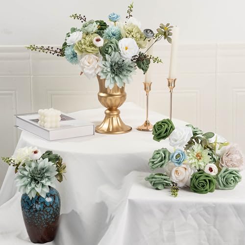 30 Pcs Artificial Flowers Combo Green Flowers Mix Silk Flowers Dahlia Roses with Stems for DIY Wedding Bridal Bouquets, Baby Shower, Floral Arrangement, Table Centerpieces, Home Decorations. - color: White/Greem1