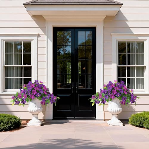 Homsunny Artificial Fake Flowers Plants Outdoor, 2PCS Realistic Faux Silk Flowers UV Resistant Fake Outdoor Flowers for Spring Outside Porch Garden and Home Patio Yard Decor (Light Purple Red) - color: B02 Double Orchid
