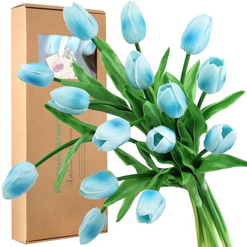 FiveSeasonStuff Real Touch Tulips Artificial Flowers – 15 Stems Faux Tulip Bouquet in Gift Box for Wedding, Home Decor, Party, Floral Arrangements (Arctic Blue) - color: #17 Arctic Blue
