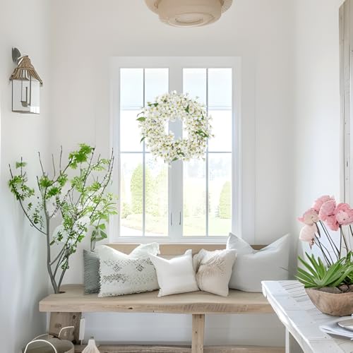 Spring Summer Wreaths for Front Door, 16 Inch Cherry Blossom Wreaths for Spring Summer Decor, White Wreaths for Front Door, Window, Home, Wall, Porch, Farmhouse Decor, Spring Artificial Flower Wreaths - color: # White 16"