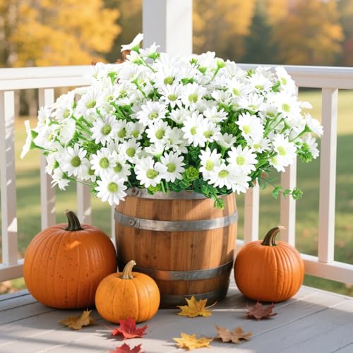 10pcs Outdoors Artificial Mum Flowers UV Resistant Daisy Fake Silk Chrysanthemum Greenery Faux Eucalyptus Plants for Spring Summer Garden Patio Window Box Planter Home Decor(White) - color: White
