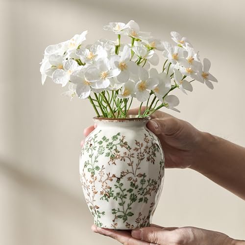5.63" Ceramic Flower Decorative Antique Vase, Vintage Rustic Chinoiserie Floral Vase for Home Decor, Living Room, Bookshelf, Office, Entryway, Garden, Chinoiserie Decor, Tuscan Decor - color: Green and Beige- 5.63"