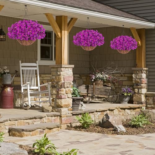 Artificial Fake Hanging Flowers Plants Basket for Outdoors Spring Summer Decor, Faux Silk Bougainvillea in Planter Look Real UV Resistant Faux Flower for Outside Porch Patio Garden Home Decor, Purple - color: Purple-new
