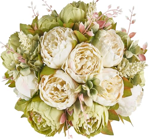 Mkono Peonies Artificial Flowers, 2 Packs 13 Stems Faux Peony Flowers Real Touch Fake Silk Bouquet for Arrangements Dining Table Centerpieces for Kitchen Bridal Wedding Party (2, New Green) - color: New Green