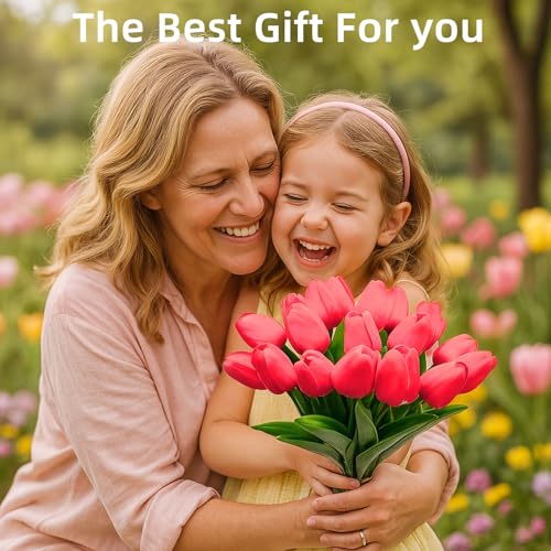 20 Pcs Tulips Artificial Flowers, 13.5'' Real Touch PU Fake Flowers Bouquet for Home Party, Spring Wedding Floral Arrangement, Valentine's, Easter and Mother's Day Decor (Coral) - color: Coral