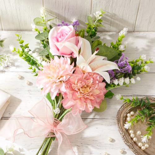 Suncalla Artificial Flowers Bouquet Romantic Fake Flower for Decoration and Wedding, Mix Faux Flowers Spring Decorations for DIY Bouquet Home Floral Arrangement Tables Centerpieces Decor