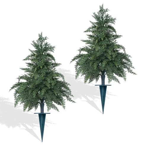Yangrass 2 Pack 24" Cypress Topiary Trees Artificial Outdoor with Ground Spike, UV Resistant Fake Shrubs Bushes Faux Cedar Pines Trees, Real Touch Faux Evergreen Plants for Home Front Porch Garden - color: Cypress