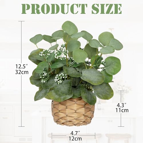 DILATATA Artificial Eucalyptus Stems in Woven Basket Planter, 12" Fake Plant Eucalyptus Leaves with Green Seeds Faux Potted Plant Greenery for Table Centerpiece Office Indoor Home Decor - color: Style#2