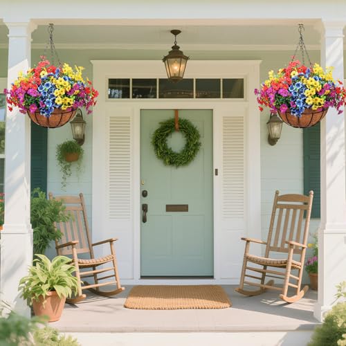 2 Pack Outdoor Artificial Flowers with Hanging Basket, Fake Hanging Flowers for Spring Summer Front Porch Patio Yard Garden Home Decor (Blue, Red, Purple, Yellow)