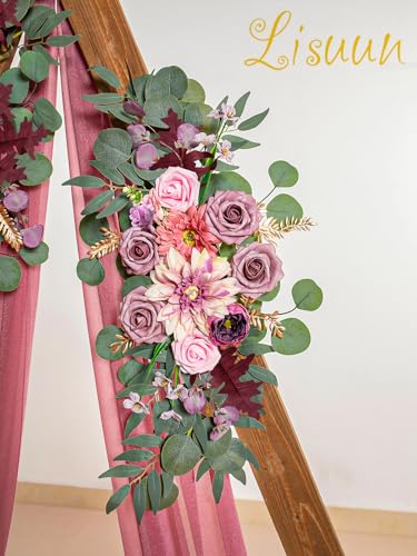 Lisuun Artificial Wedding Arch Flowers with Chiffon Runner, Pack of 3 | Includes 2 Flower Swags, 1 20ft Chiffon Runner and Zip Ties for Wedding Arches, Arbors and Backdrops - color: Dusty&blush