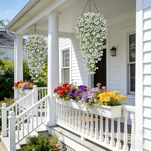 Betylifoy Artificial Hanging Flowers for Outdoors Summer Decor 2PCS Fake Hanging Plants UV Resistant Faux Silk Violet Flowers White Greenery Trailing Vines for Indoor Outside Garden Porch Decor - color: White