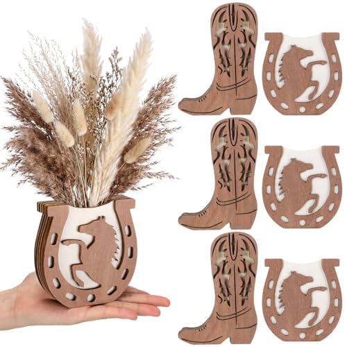 LemonRoad 6 Pcs Wooden Cowboy Boot Horseshoe Vases for Wedding Small Cowboy Boot Flower Vase for Flower Faux Greenery Rustic Western Decor for Table Centerpiece Weddings Party - color: Brown, size: Boot,Horseshoe